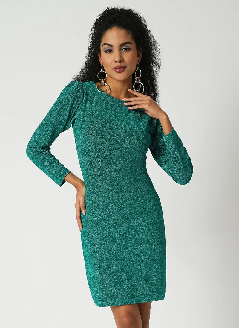 جلو باص فستان سهرة قصير ضيق بأكمام منتفخة وياقة مستديرة من جلوبس